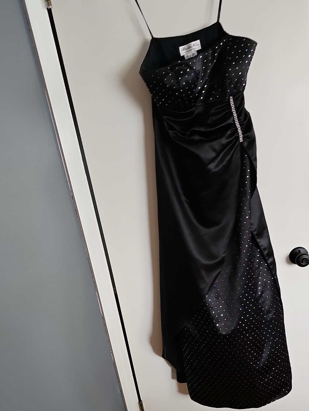 Blondie Nites Strapless Black Long Satin Evening Gown with Sequin Accents